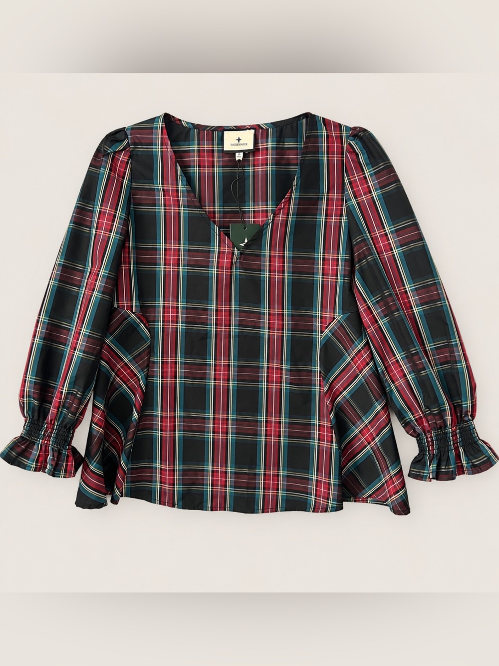 Tuckernuck Plaid Puff Sleeve Blouse Top Red Green Tartan Size Medium NWT